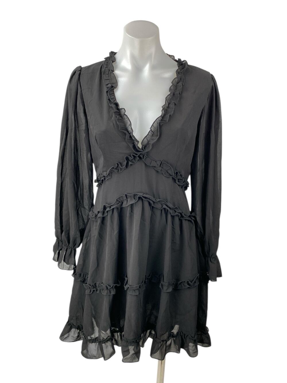 NEW Jus de Pom Black Long Sleeve V Neck Tiered Ruffle Mini A-Line Dress Size S/M